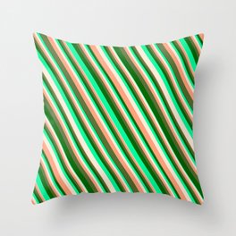 [ Thumbnail: Vibrant Green, Beige, Light Salmon, Dark Olive Green & Dark Green Colored Striped/Lined Pattern Throw Pillow ]
