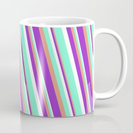 [ Thumbnail: Dark Salmon, Dark Orchid, White, and Aquamarine Colored Striped Pattern Coffee Mug ]