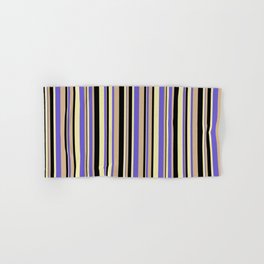 [ Thumbnail: Slate Blue, Pale Goldenrod, Black & Tan Colored Striped/Lined Pattern Hand & Bath Towel ]