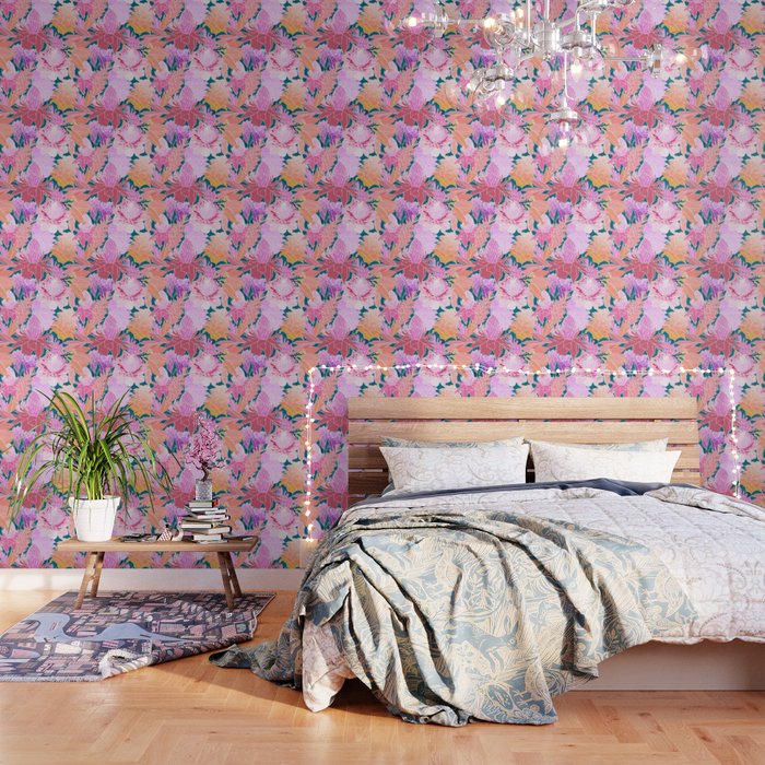 Ginger Flowers In Coral Dark Teal Green Wallpaper By Elliottdesignfactory