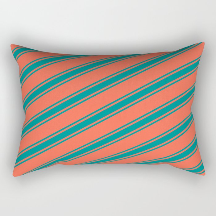 Red & Dark Cyan Colored Lined Pattern Rectangular Pillow