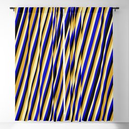 [ Thumbnail: Goldenrod, Pale Goldenrod, Blue & Black Colored Striped Pattern Blackout Curtain ]