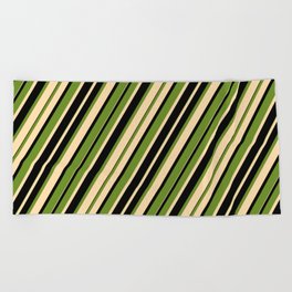[ Thumbnail: Green, Tan & Black Colored Stripes/Lines Pattern Beach Towel ]