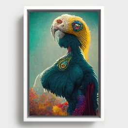 A fantasy portrait of an unusual bird in a fairy-tale elfin forest. Fabulous flower garden and cute fantasy birds. Concept of a colorful magic bird. Framed Canvas