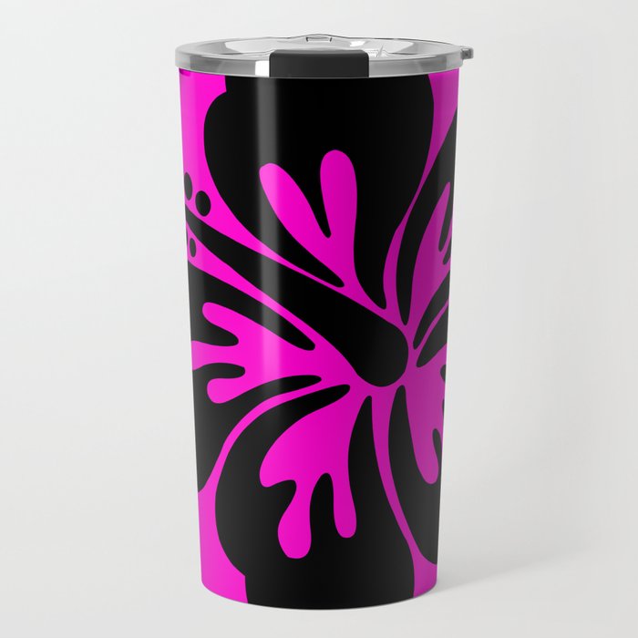 Neon Pink and Black Hibiscus Travel Mug