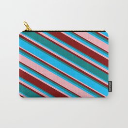 [ Thumbnail: Teal, Deep Sky Blue, Light Pink, and Maroon Colored Striped Pattern Carry-All Pouch ]