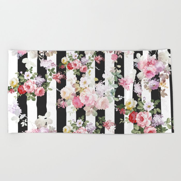 Bold pink watercolor roses floral black white stripes Beach Towel