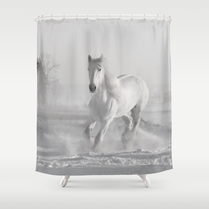 White Thoroughbred Horse Playing in Winter Snow black and white photograph / art photography Shower Curtain