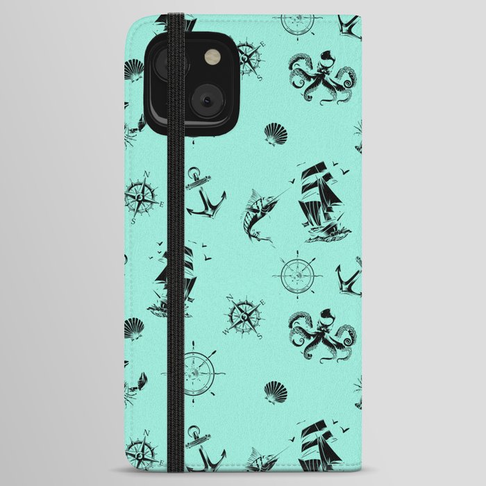 Mint Blue And Black Silhouettes Of Vintage Nautical Pattern iPhone Wallet Case