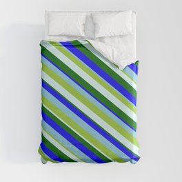 [ Thumbnail: Eye-catching Green, Light Cyan, Dark Green, Blue & Sky Blue Colored Lines/Stripes Pattern Duvet Cover ]