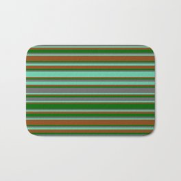 [ Thumbnail: Brown, Dark Green, Dim Grey & Aquamarine Colored Lined/Striped Pattern Bath Mat ]