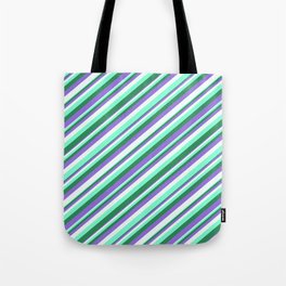 [ Thumbnail: Purple, Mint Cream, Aquamarine & Sea Green Colored Striped Pattern Tote Bag ]