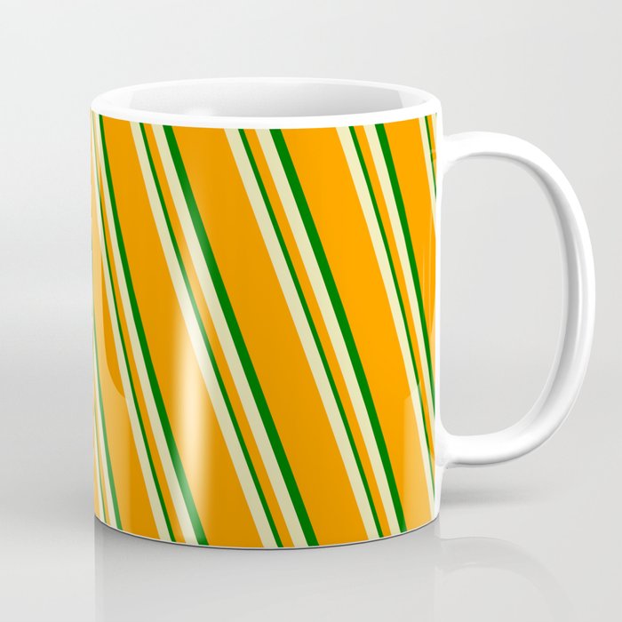 Pale Goldenrod, Dark Orange, and Dark Green Colored Lined Pattern Coffee Mug