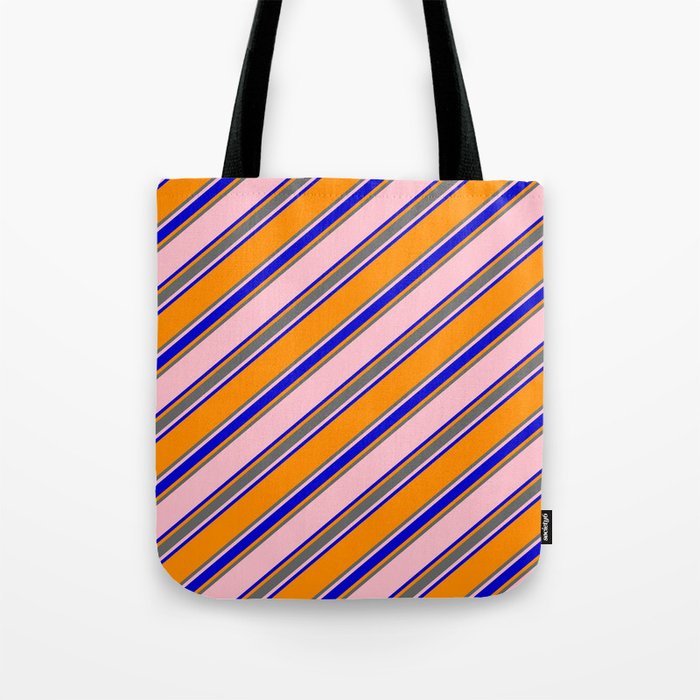 Pink, Blue, Dark Orange, and Dim Gray Colored Pattern of Stripes Tote Bag