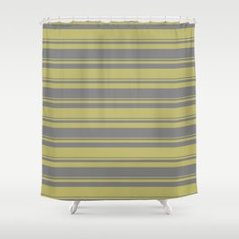 [ Thumbnail: Dark Khaki & Grey Colored Striped Pattern Shower Curtain ]