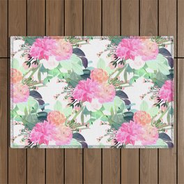 Girly Pink & White Flowers Watercolor Paint Outdoor Rug