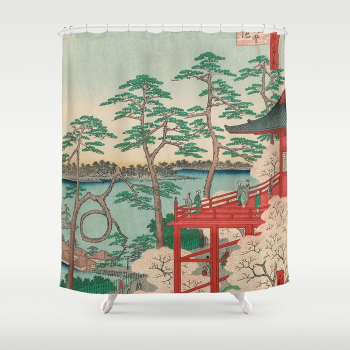 Spring Blossoms and Pond Ukiyo-e Japanese Art Shower Curtain