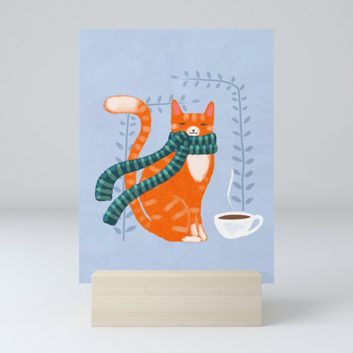 Winter Ginger Coffee Cat Mini Art Print