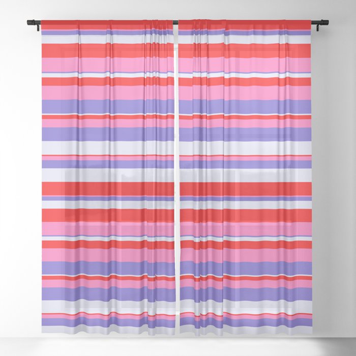 Slate Blue, Lavender, Red & Hot Pink Colored Stripes/Lines Pattern Sheer Curtain