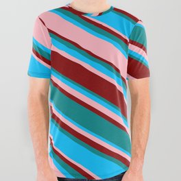 [ Thumbnail: Teal, Deep Sky Blue, Light Pink, and Maroon Colored Striped Pattern All Over Graphic Tee ]