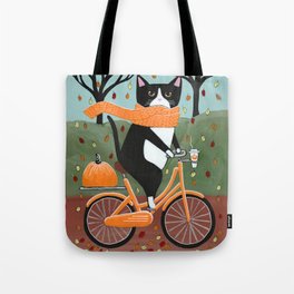 Tuxedo Cat Autumn Bicycle Ride Tote Bag