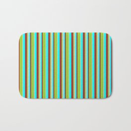 [ Thumbnail: Aqua, Brown, Green & Light Grey Colored Striped Pattern Bath Mat ]