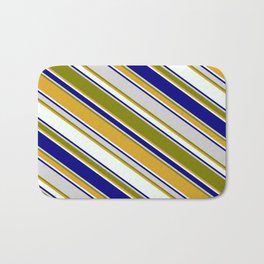 [ Thumbnail: Colorful Light Gray, Green, Goldenrod, Mint Cream, and Blue Colored Pattern of Stripes Bath Mat ]