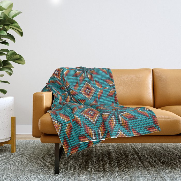Modern colorful beaded boho aztec kilim pattern on teal Throw Blanket