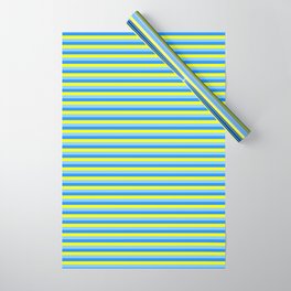 [ Thumbnail: Blue, Yellow & Light Sky Blue Colored Pattern of Stripes Wrapping Paper ]