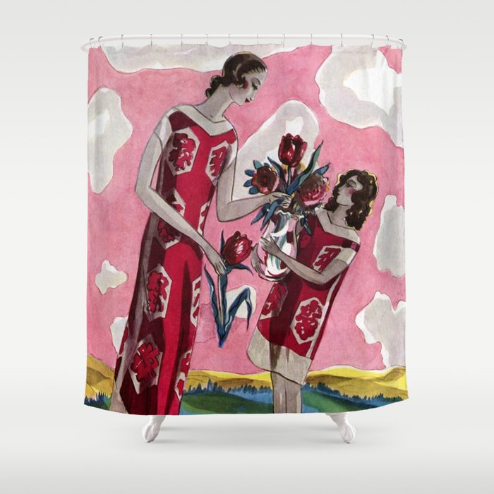 Red Calla Lilies & Jazz Age Women in Red Summer Dresses, art deco landscape painting by Joseph Platt Shower Curtain