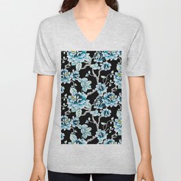 Spring Flowers Pattern Blue on Black V Neck T Shirt