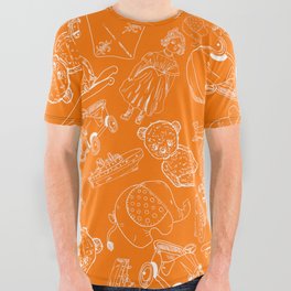 Orange and White Toys Outline Pattern All Over Graphic Tee