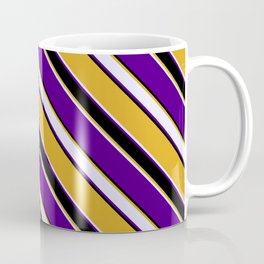 [ Thumbnail: Goldenrod, Lavender, Indigo, and Black Colored Lined Pattern Coffee Mug ]