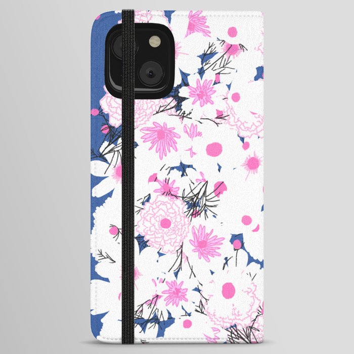 Spring Flowers On Navy Retro Fabric iPhone Wallet Case