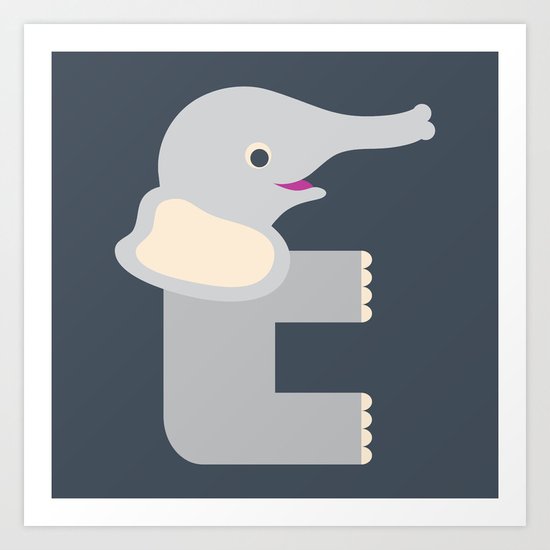 Letter E // Animal Alphabet // Elephant Monogram Art Print