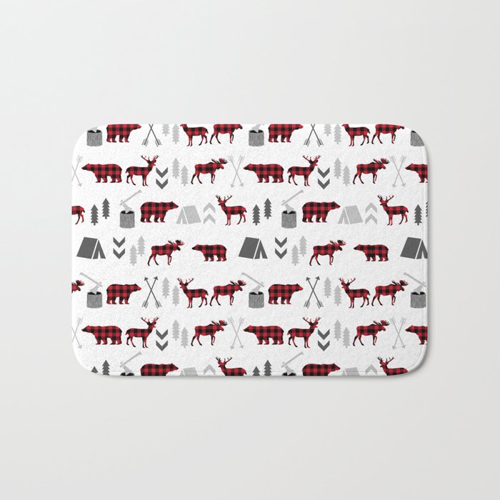 Camping cabin life chalet all day plaid moose deer bear pattern outdoors nature lover Bath Mat