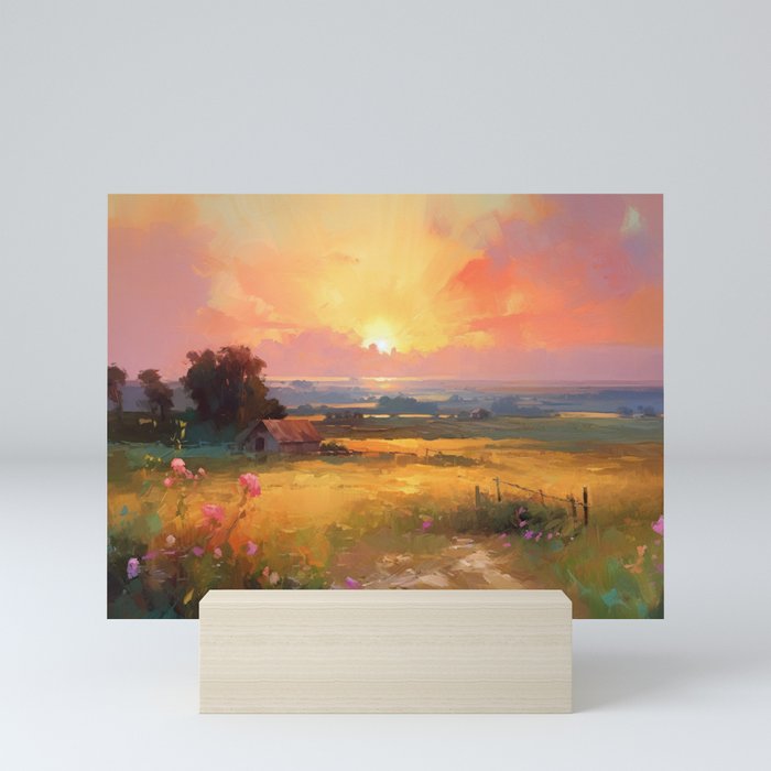 Beautiful Countryside Landscape at Sunset in Semi Impasto Oil Painting Style, Vibrant and Colorful, Thick Paint Brushwork Classical Deja Vu  Mini Art Print