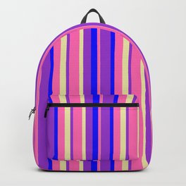 [ Thumbnail: Hot Pink, Pale Goldenrod, Dark Orchid & Blue Colored Stripes Pattern Backpack ]