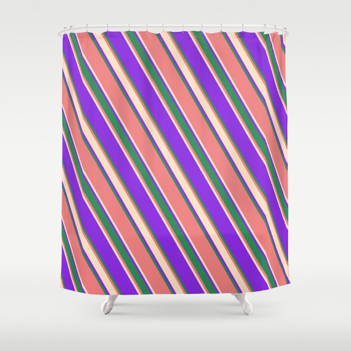 Purple, Sea Green, Light Coral, and Bisque Colored Lined/Striped Pattern Shower Curtain