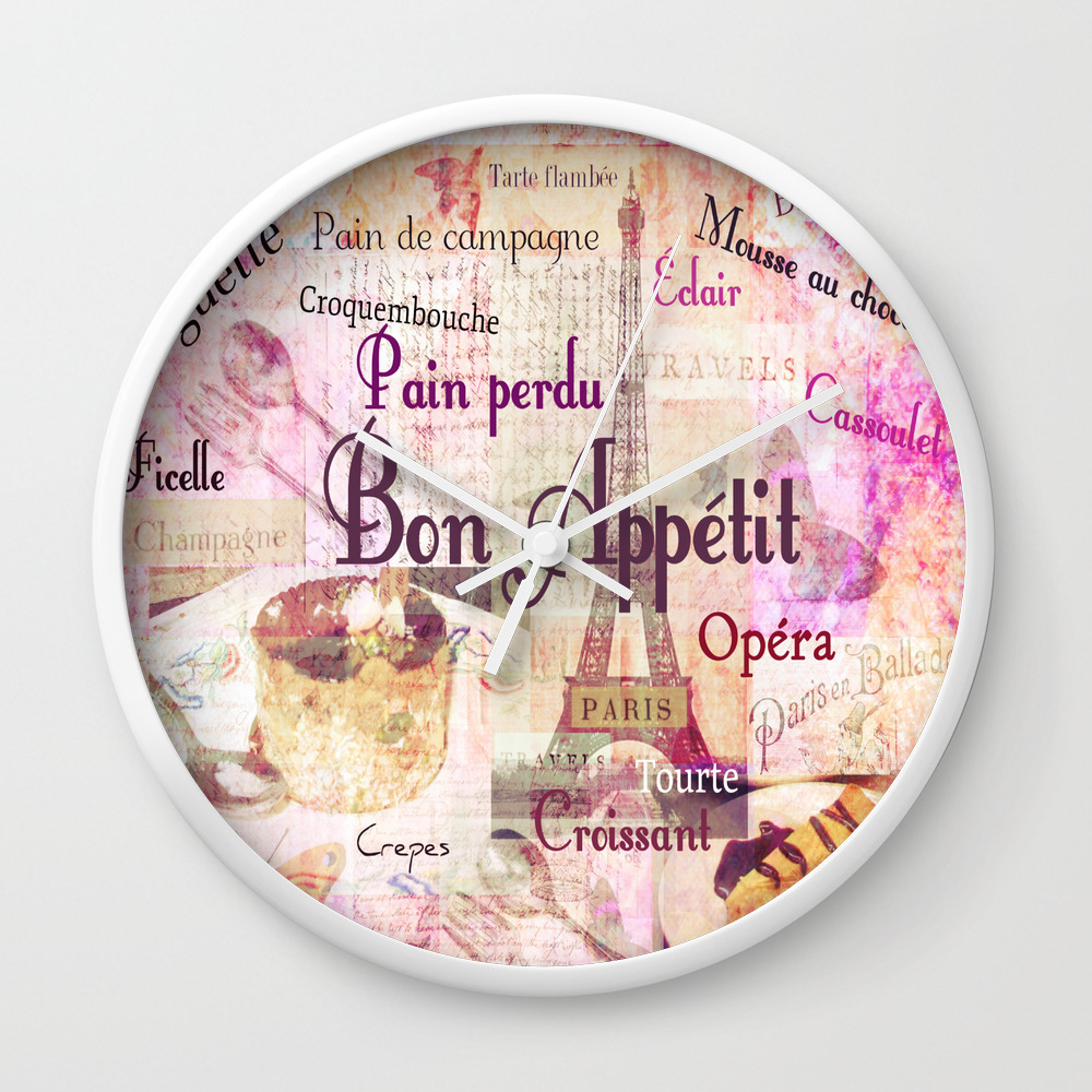 Bon Appetit French Food Words Kitchen Art Wall Clock By