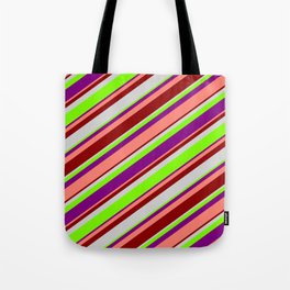[ Thumbnail: Light Grey, Green, Purple, Salmon, and Dark Red Colored Striped Pattern Tote Bag ]