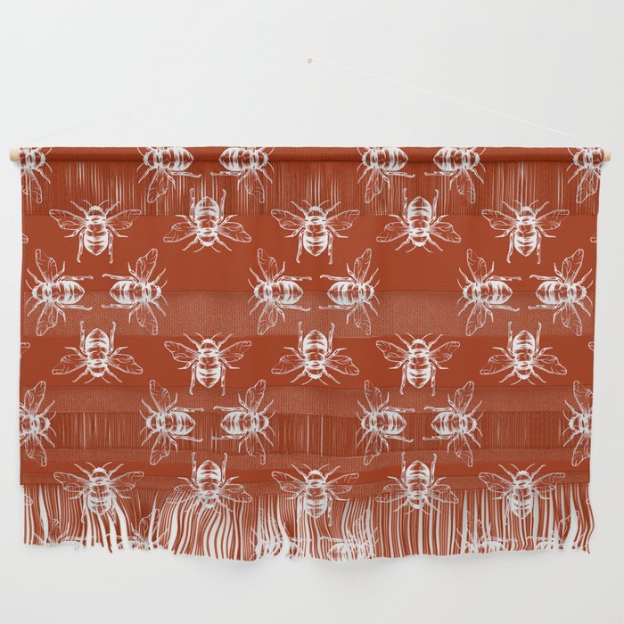 Nature Honey Bees Bumble Bee Pattern Red White Wall Hanging