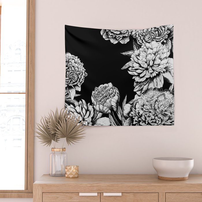 FLOWERS IN BLACK AND WHITE Wall Tapestry by Magic Dreams