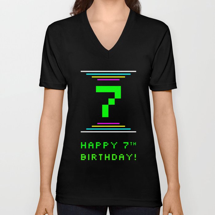 7th Birthday - Nerdy Geeky Pixelated 8-Bit Computing Graphics Inspired Look V Neck T Shirt