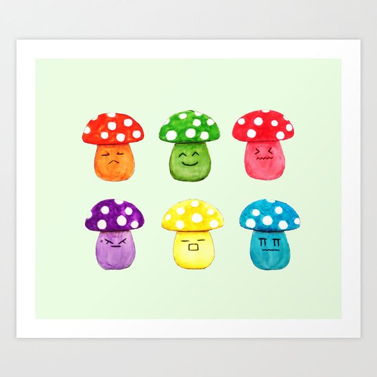 cute mushroom emoji watercolor painting Art Print