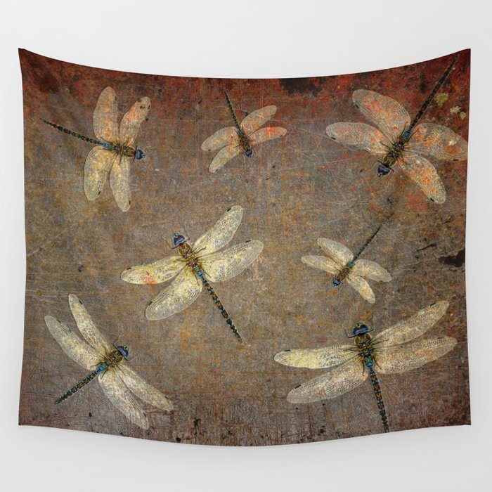 Swarm of Dragonfly on Stone  Wall Tapestry