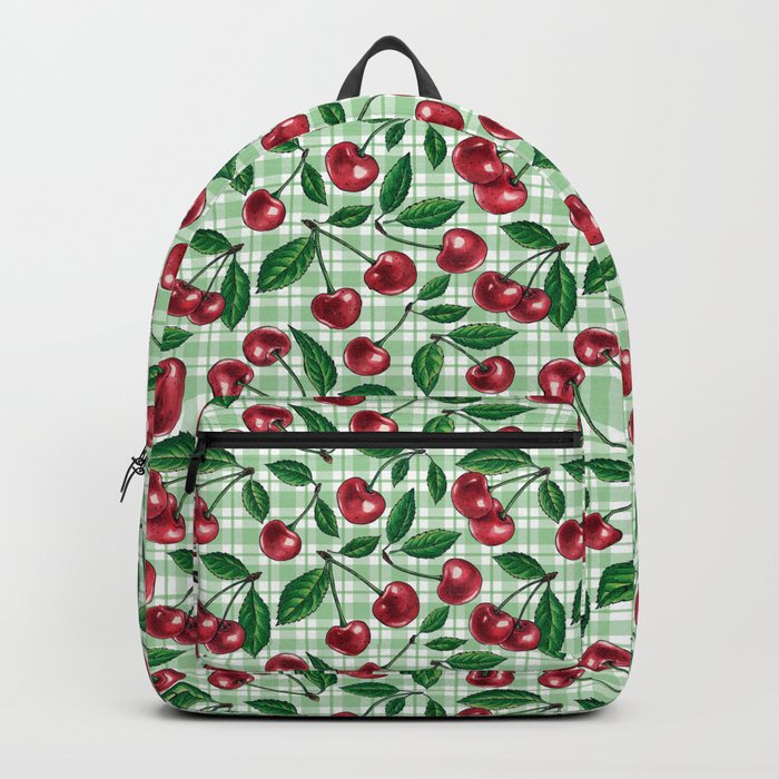 Red cherries on light green gingham  Backpack