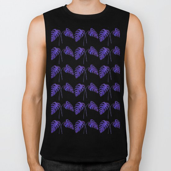 Indigo Monstera Leaf Watercolor on Black Biker Tank
