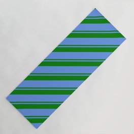 [ Thumbnail: Green and Cornflower Blue Colored Pattern of Stripes Yoga Mat ]