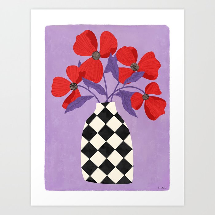 Poppies and vase of squares and diamonds Art Print
